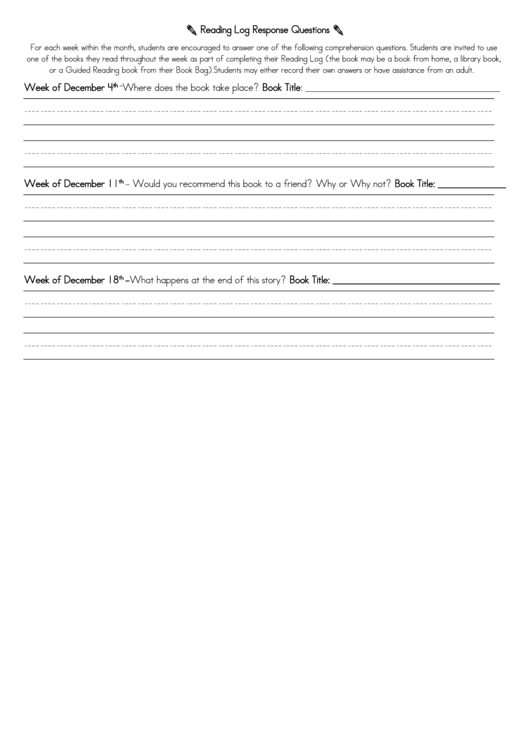 Reading Log Response Questions Printable pdf