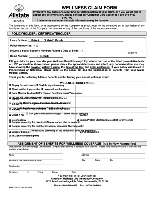 Form Abj10367-1 - Wellness Claim Form - 2012 Printable pdf