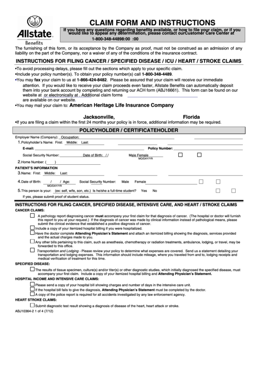 Form Abj10364-2 - Cancer / Specified Disease / Icu / Heart / Stroke Claim - 2012 Printable pdf