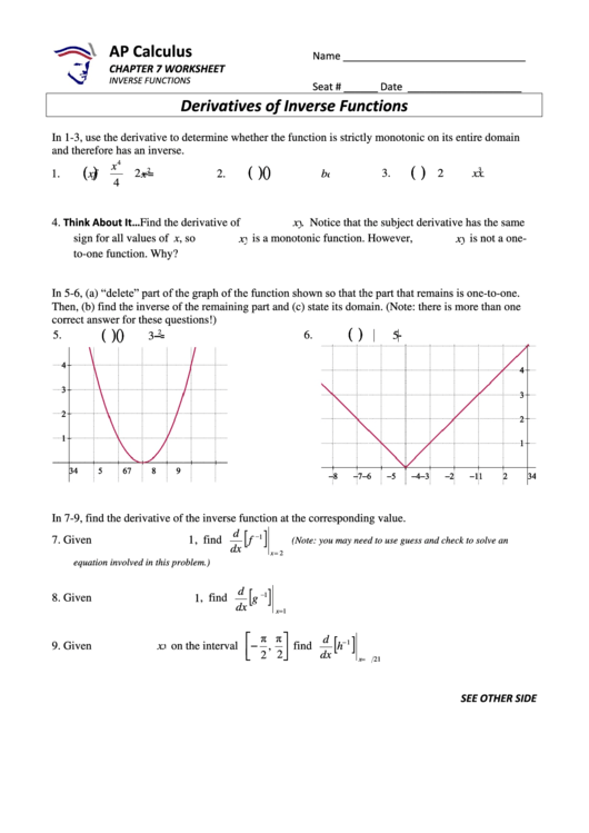 Ap Calculus Derivatives Of Inverse Functions Worksheet Printable pdf
