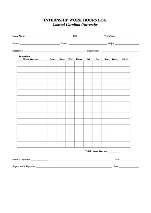 Internship Work Hours Log Printable pdf