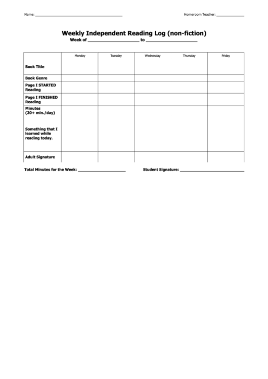 Weekly Independent Reading Log (Non-Fiction) Printable pdf