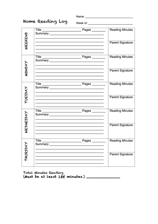 Home Reading Log Template Printable pdf