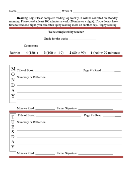 Reading Log Template With Summary Printable pdf