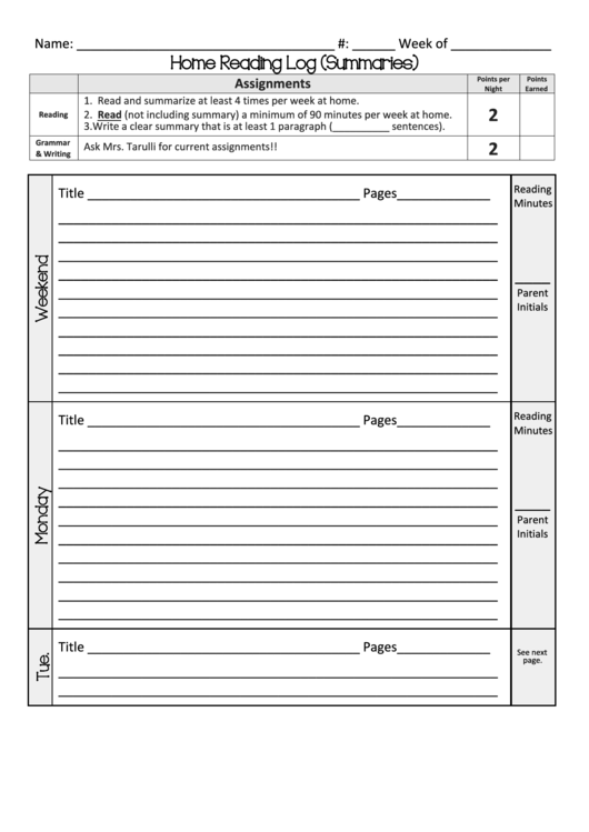 Home Reading Log (Summaries) Printable pdf