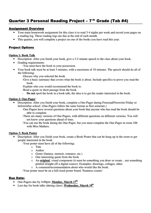 Personal Reading Project Template - 7th Grade