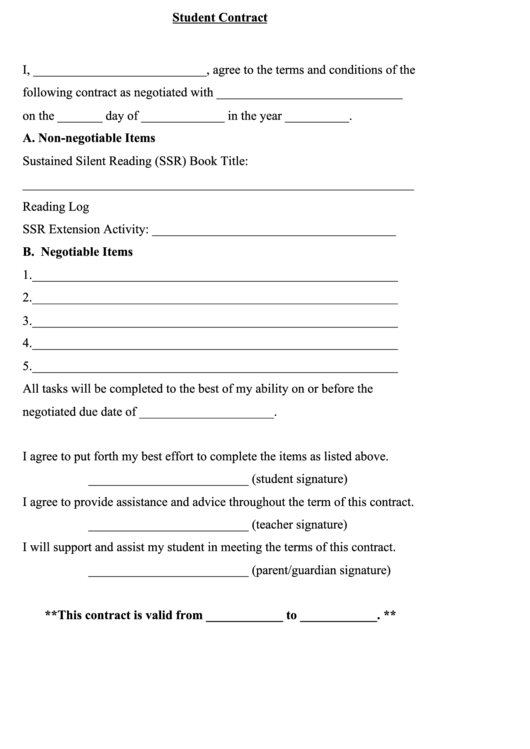 Sustained Silent Reading (Ssr) Student Contract Printable pdf