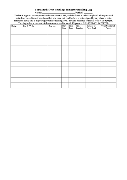 Sustained Silent Reading: Semester Reading Log Printable pdf