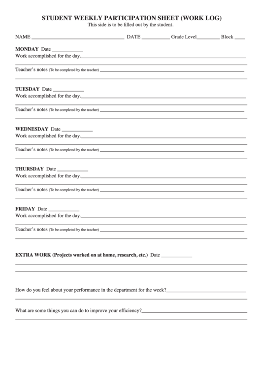 Student Weekly Participation Sheet (Work Log) Printable pdf