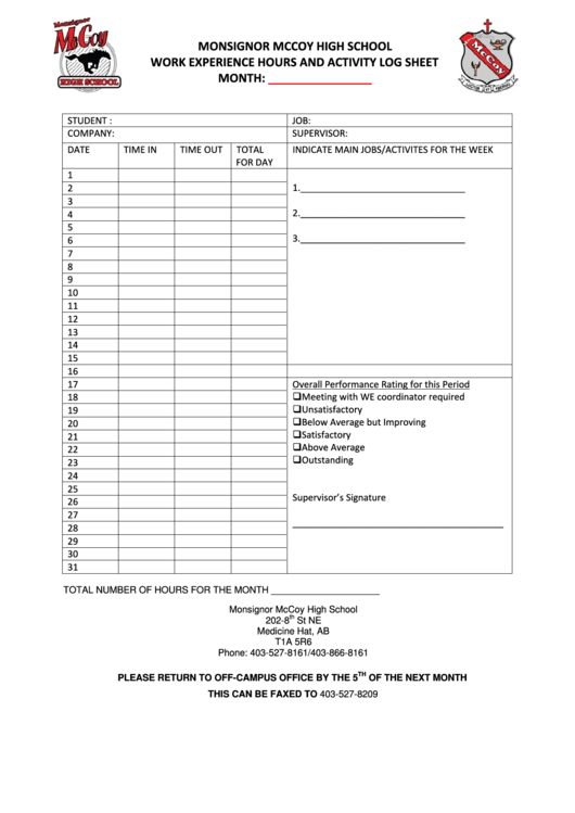 Work Experience Hours And Activity Log Sheet Printable pdf