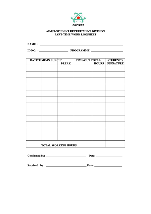 Part-Time Work Log Sheet Printable pdf
