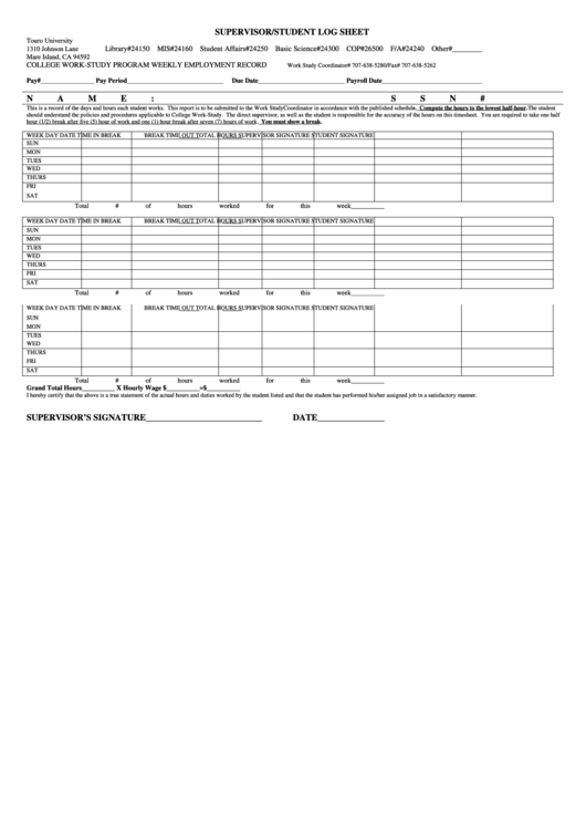 Supervisor/student Log Sheet Printable pdf
