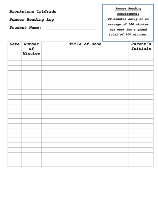 1st Grade Summer Reading Log Printable pdf