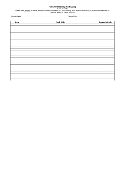 K And 1st Grade February Reading Log Template Printable pdf