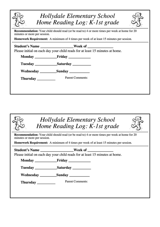 Home Reading Log: K-1st Grade Printable pdf