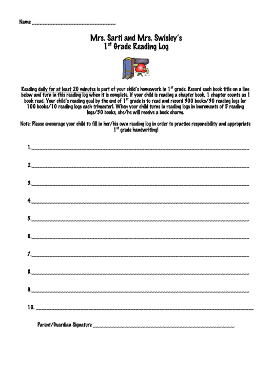 1st Grade Reading Log Printable pdf