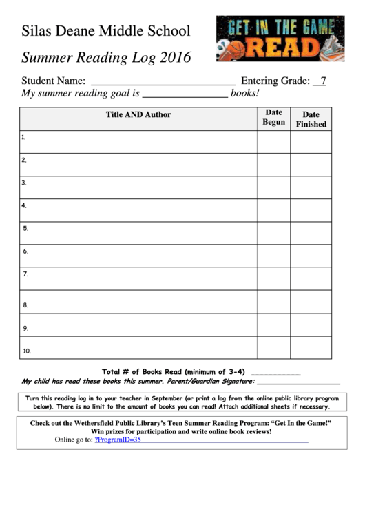 7th Grade Middle School Summer Reading Log Template