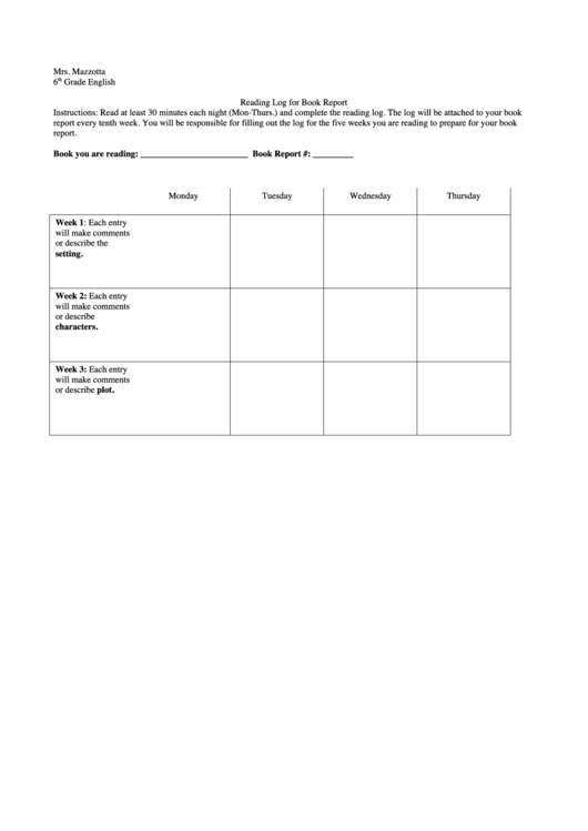 6th Grade Reading Log For Book Report Printable pdf
