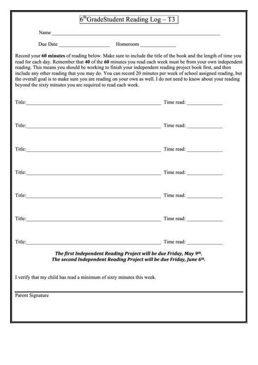 6th Grade Student Reading Log - T3 Printable pdf