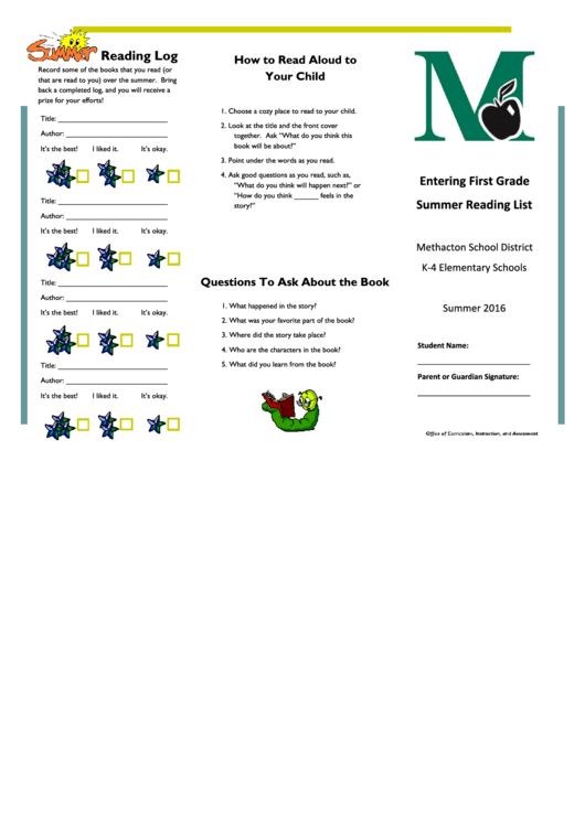 Entering First Grade Summer Reading List Template Printable pdf