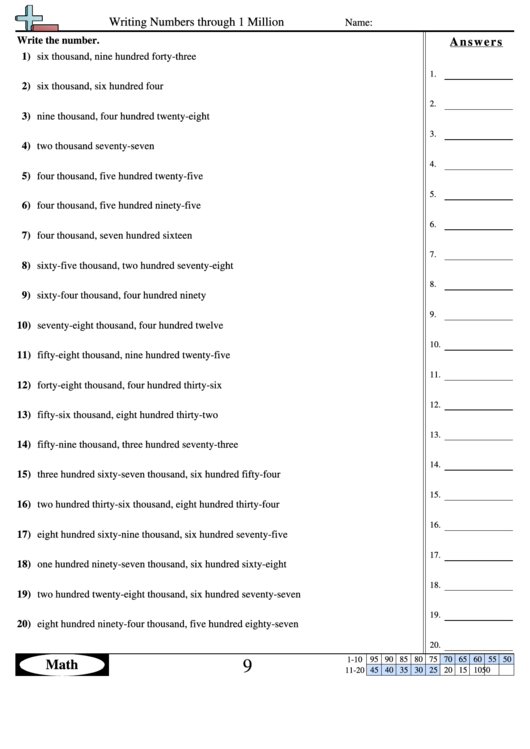 Writing Numbers Through 1 Million Worksheet With Answer Key Printable pdf