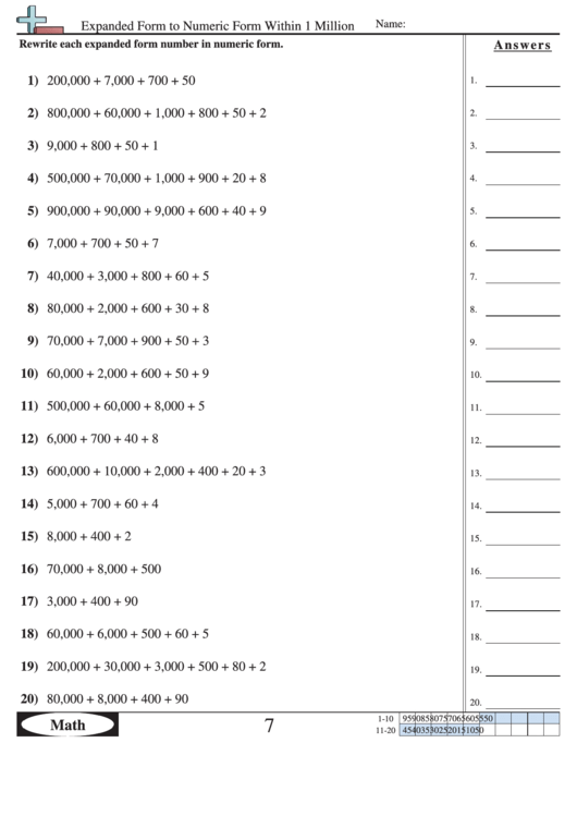 Expanded Form To Numeric Form Within 1 Million Worksheet With Answer Key Printable pdf