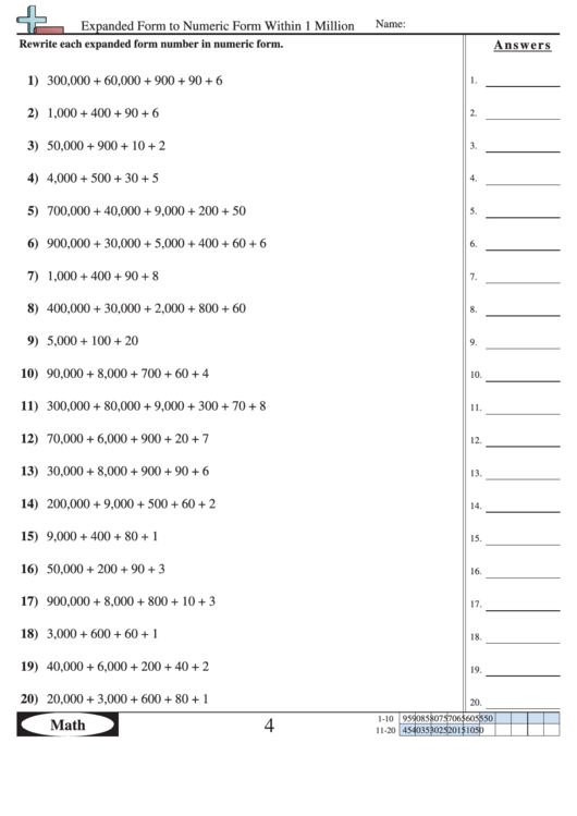 Expanded Form To Numeric Form Within 1 Million Worksheet With Answer Key Printable pdf