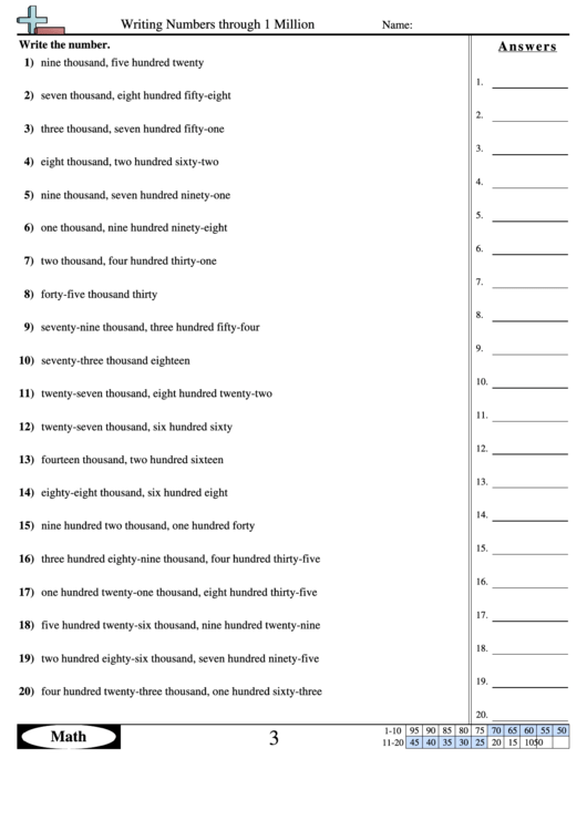 Writing Numbers Through 1 Million Worksheet With Answer Key Printable Pdf Download