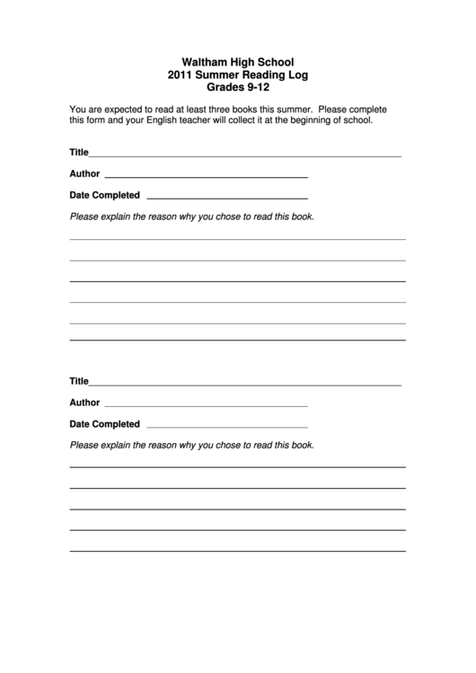 Summer Reading Log Grades 9-12 Printable pdf