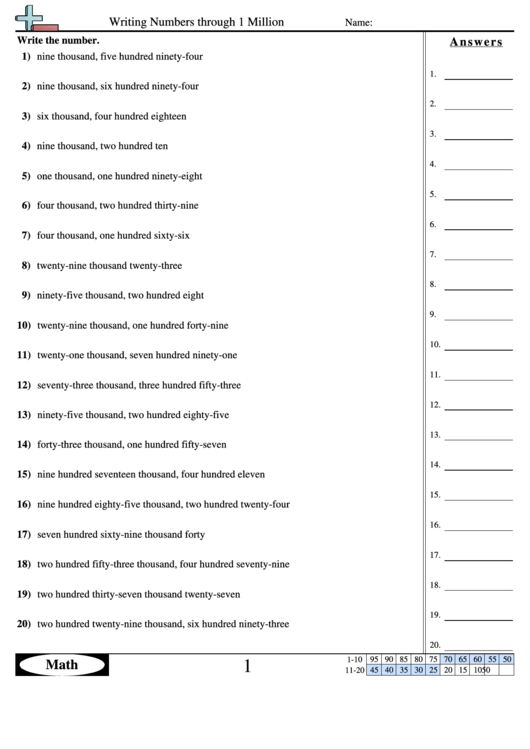 Writing Numbers Through 1 Million Worksheet With Answer Key Printable pdf