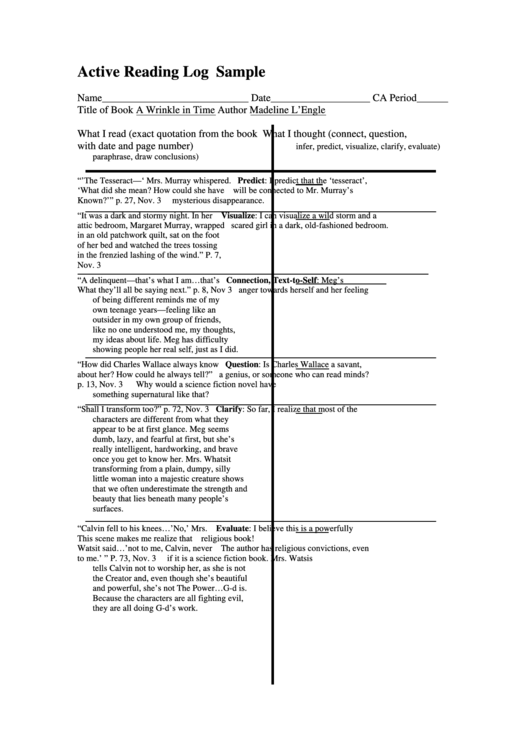 Active Reading Log Sample Printable pdf