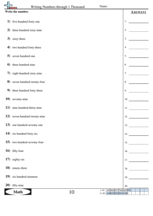 Writing Numbers Through 1 Thousand Worksheet With Answer Key Printable pdf