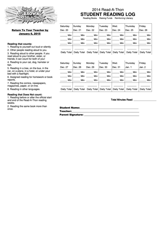2014 Read-A-Thon Student Reading Log Template Printable pdf