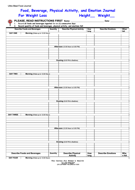 Food, Beverage, Physical Activity, And Emotion Journal Template For Weight Loss
