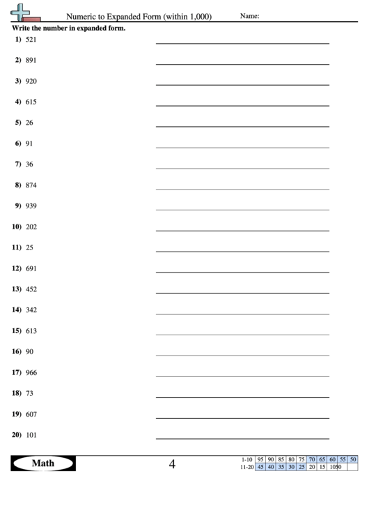 Numeric To Expanded Form (Within 1,000) Worksheet With Answer Key Printable pdf