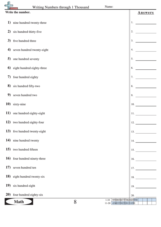 Writing Numbers Through 1 Thousand Worksheet With Answer Key Printable pdf