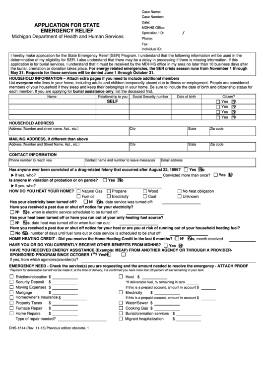 Application For State Emergency Relief - Dhs-1514 Printable pdf