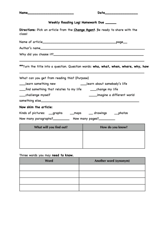 Weekly Reading Log Template Printable Pdf Download