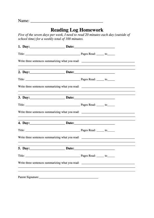 Reading Log Homework Printable pdf