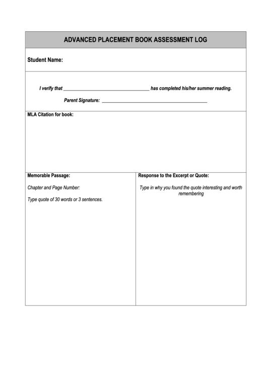 Advanced Placement Book Assessment Log Printable pdf