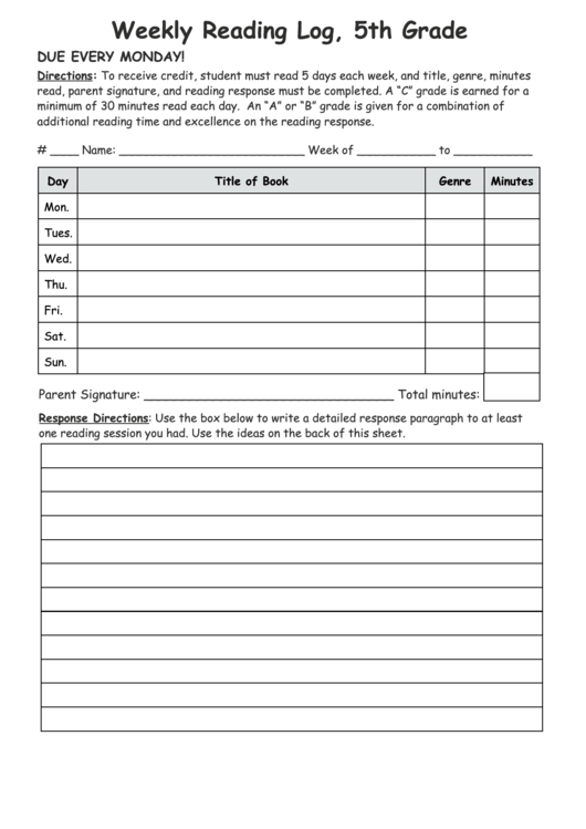 Weekly Reading Log Template - 5th Grade Printable pdf