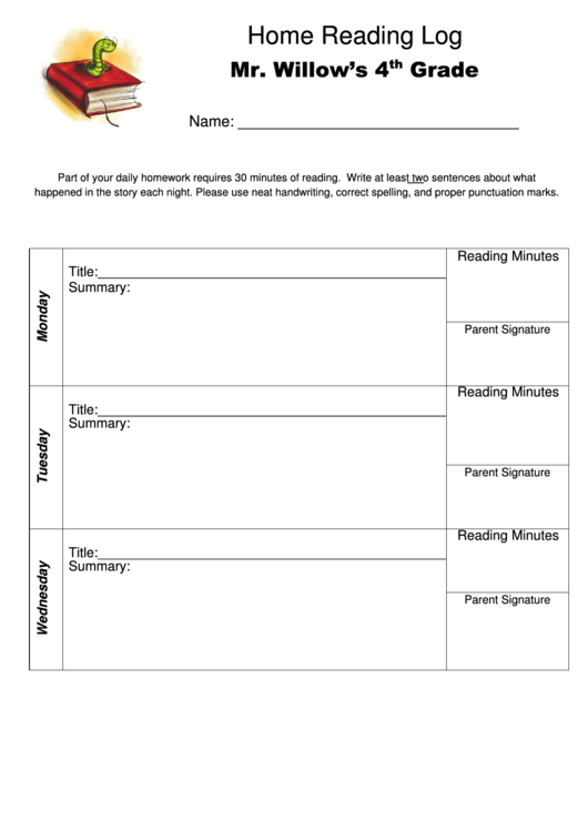 Home Reading - 4th Grade Reading Log Printable pdf