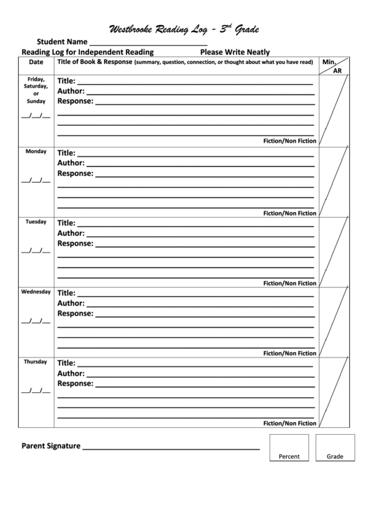 Reading Log - 3rd Grade Printable pdf