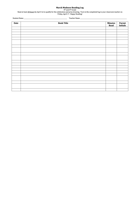 4th And 5th Grade March Madness Reading Log Template Printable pdf