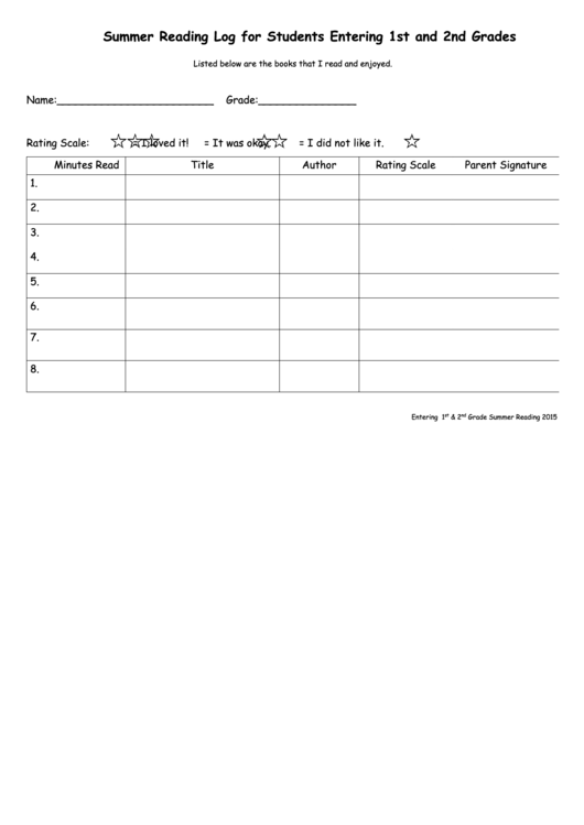 Summer Reading Log For Students Entering 1st And 2nd Grades Printable pdf