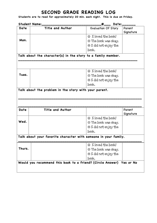 Second Grade Reading Log Printable pdf