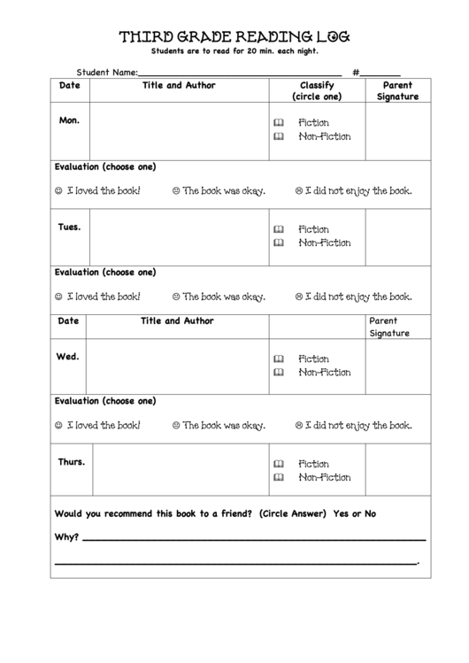 Third Grade Reading Log Printable pdf