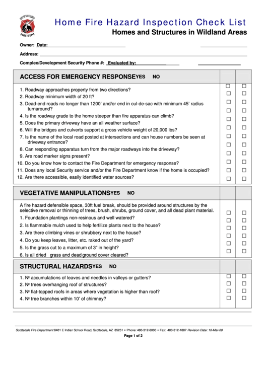 Home Fire Hazard Inspection Checklist Printable pdf