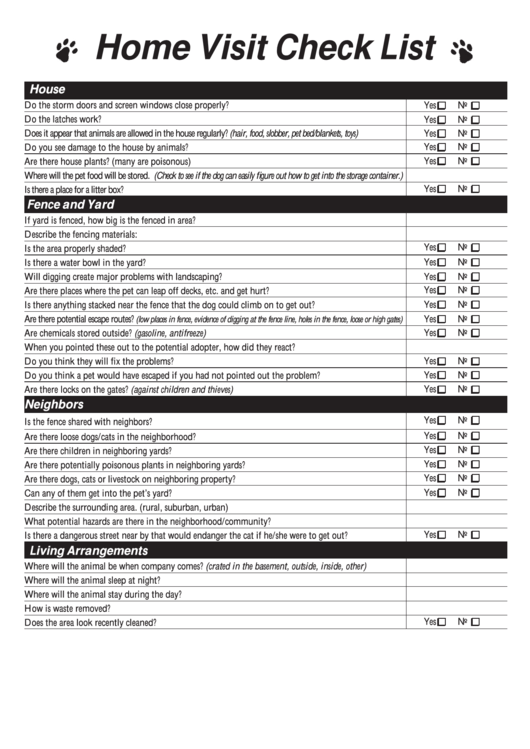 Pet Adoption Home Visit Checklist Template Printable pdf