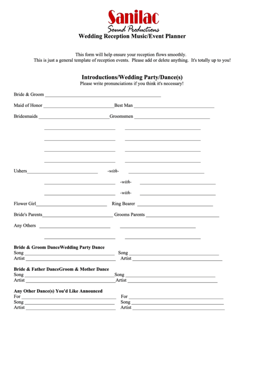 Wedding Reception Music/event Planner Printable pdf